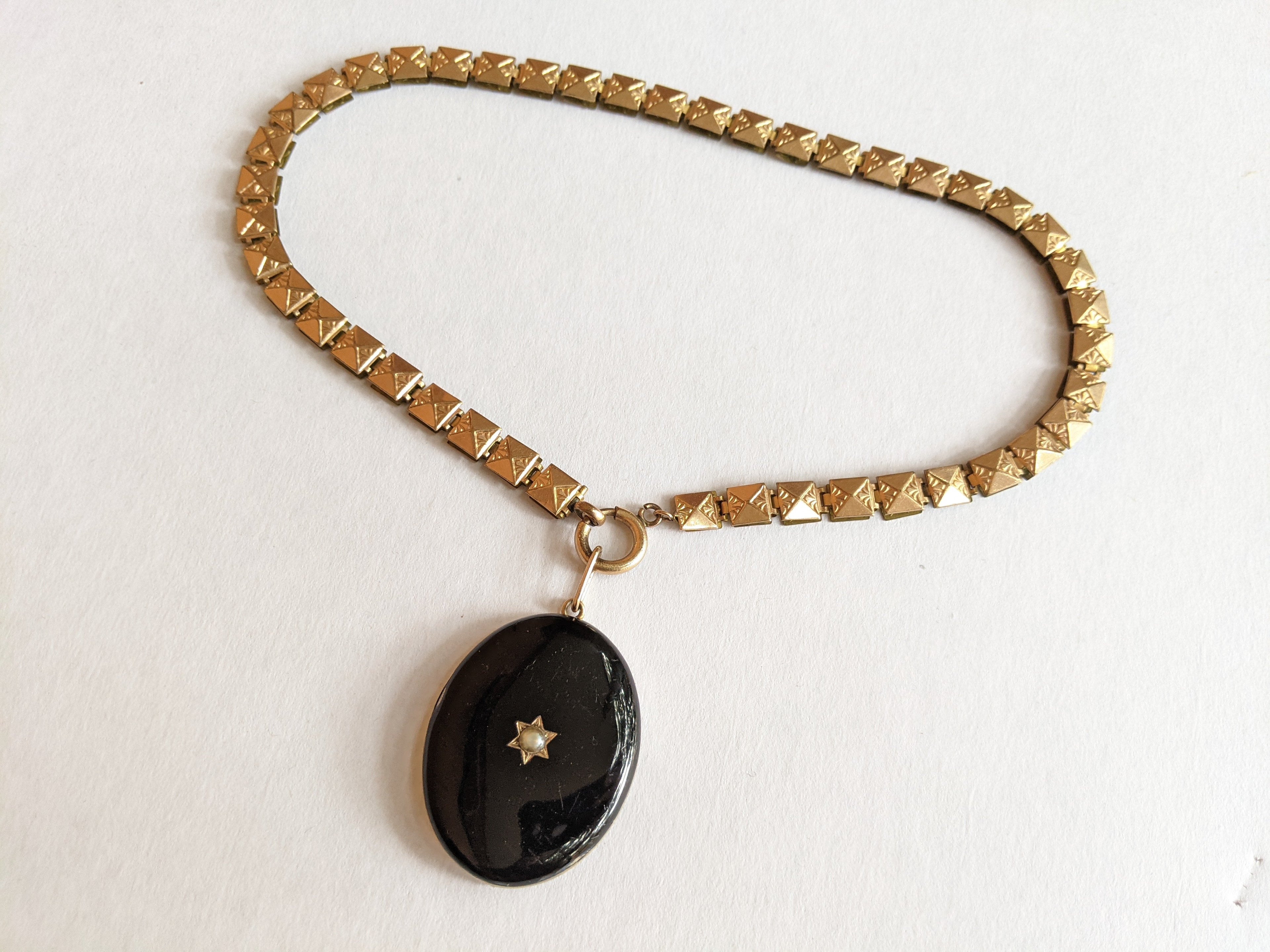 19th c. 14k Gold Enamel Locket on Book Chain