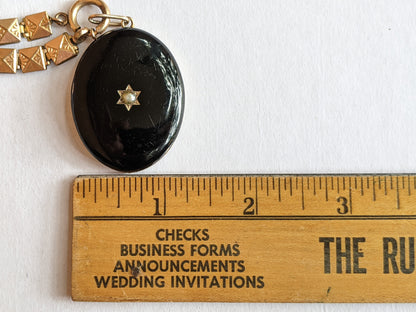 19th c. 14k Gold Enamel Locket on Book Chain