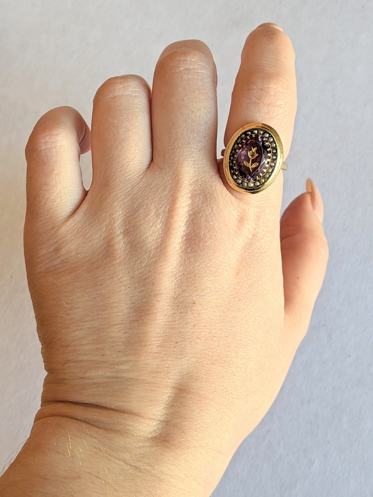 c. 1870s-1880s 14k Amethyst Rose of Sharon Ring