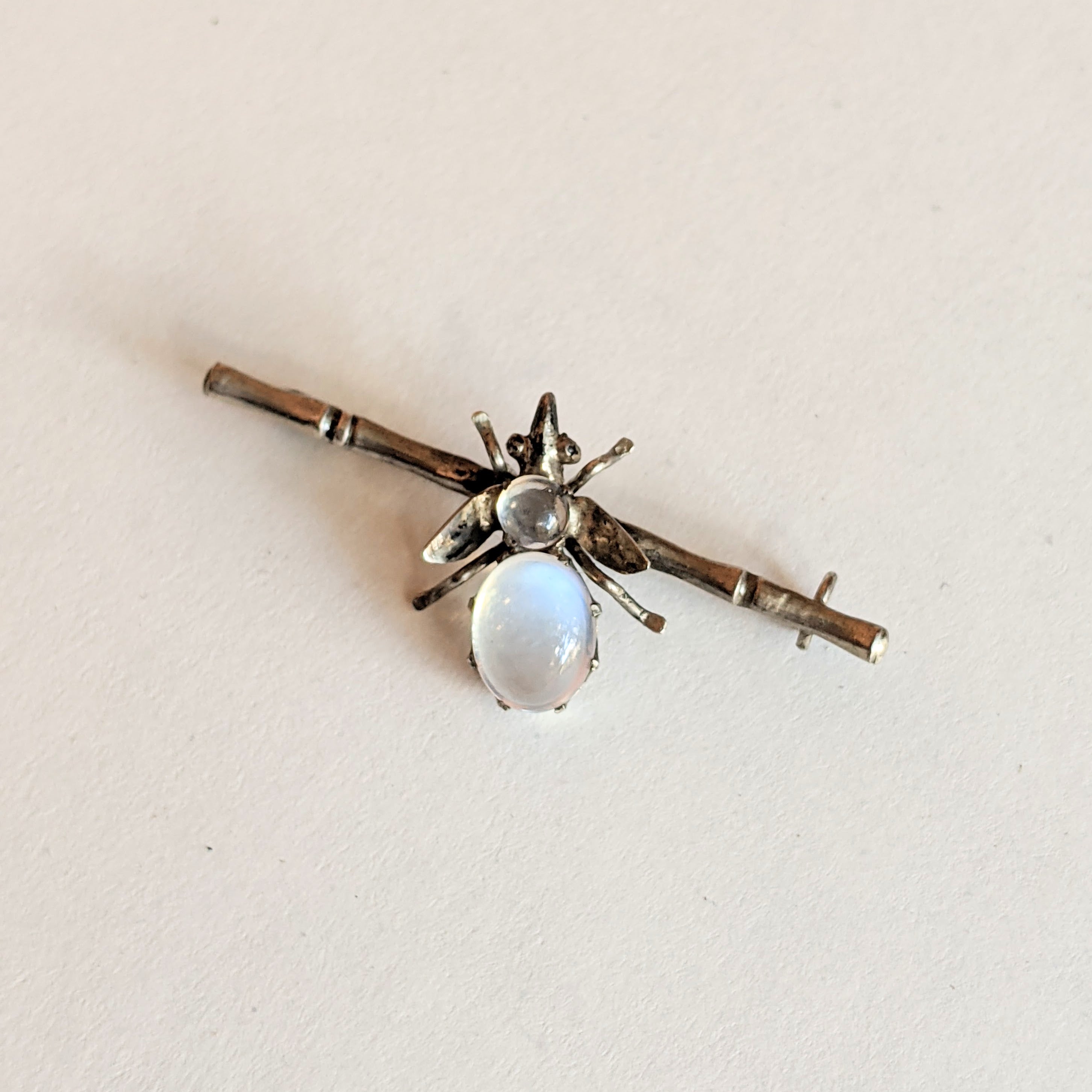 c. 1910s-20s Sterling Silver Moonstone Fly Brooch