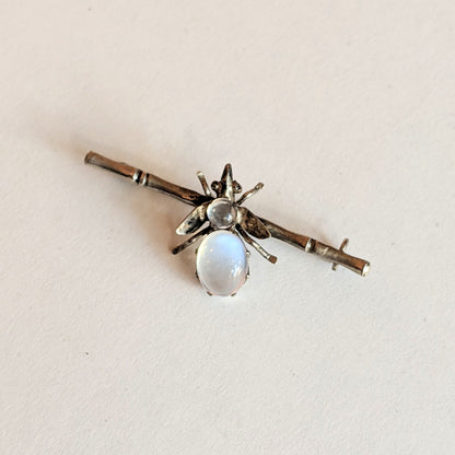 c. 1910s-20s Sterling Silver Moonstone Fly Brooch