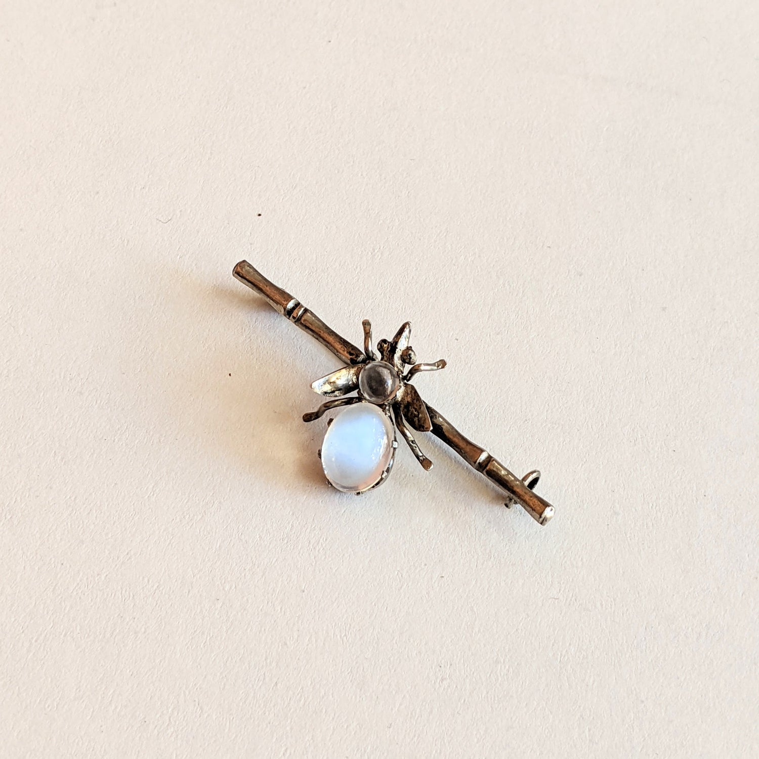 c. 1910s-20s Sterling Silver Moonstone Fly Brooch