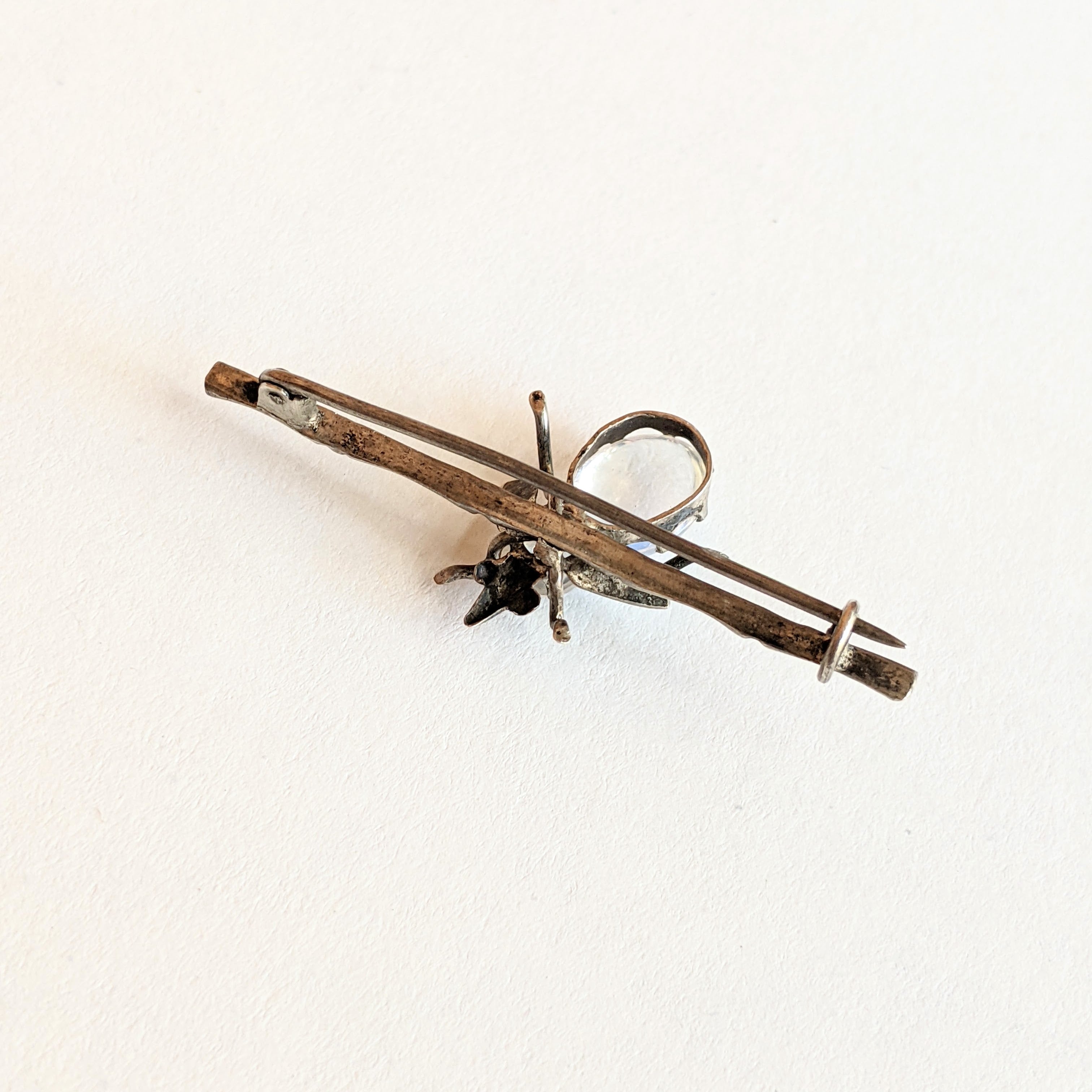 c. 1910s-20s Sterling Silver Moonstone Fly Brooch
