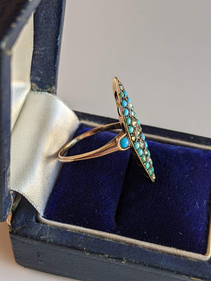 c. 1890s-1900s 14k Gold Turquoise, Marcasite, Pearl Ring