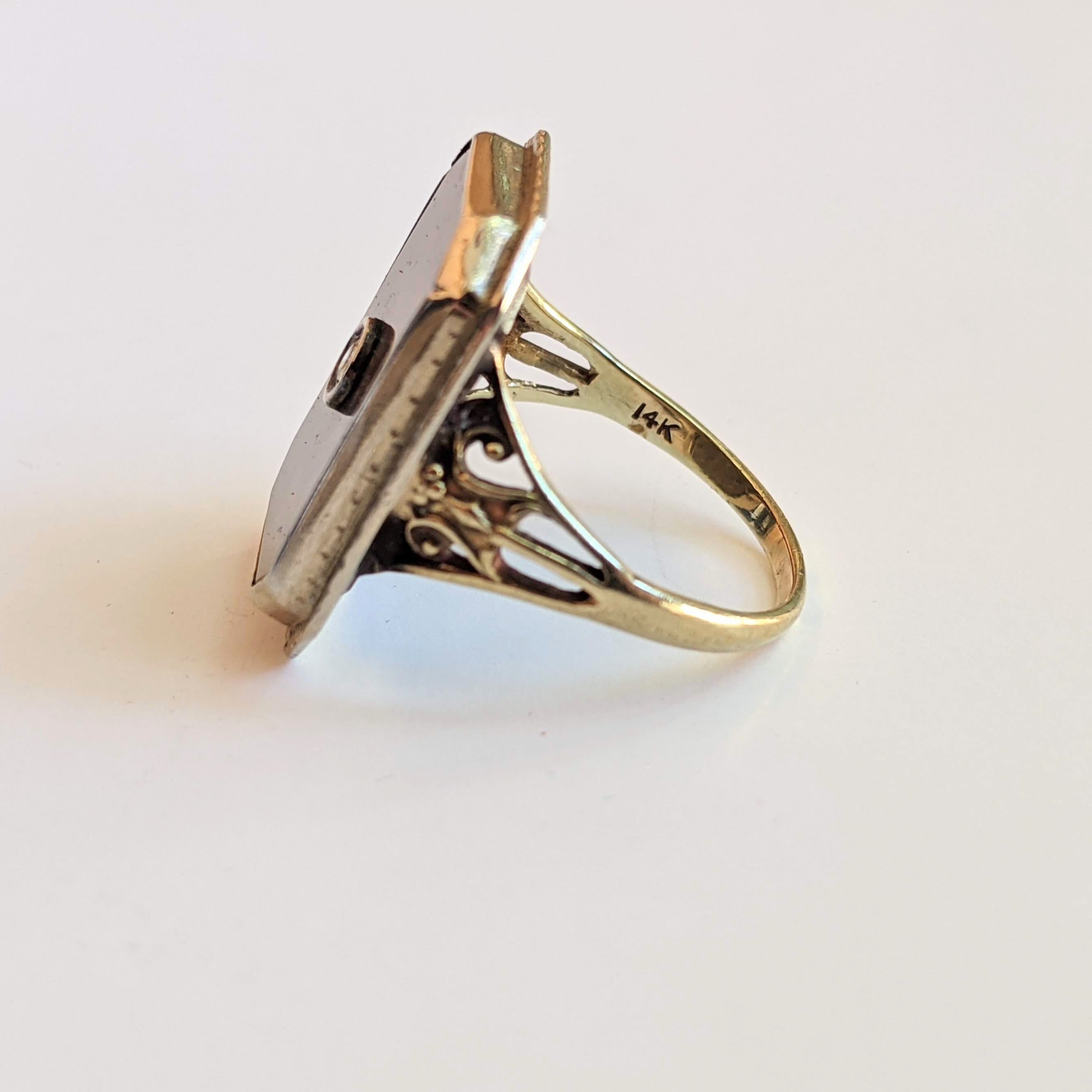 Art Deco 14k Gold Petrified Wood + Diamond Ring