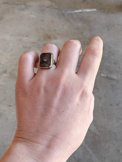 Art Deco 14k Gold Petrified Wood + Diamond Ring