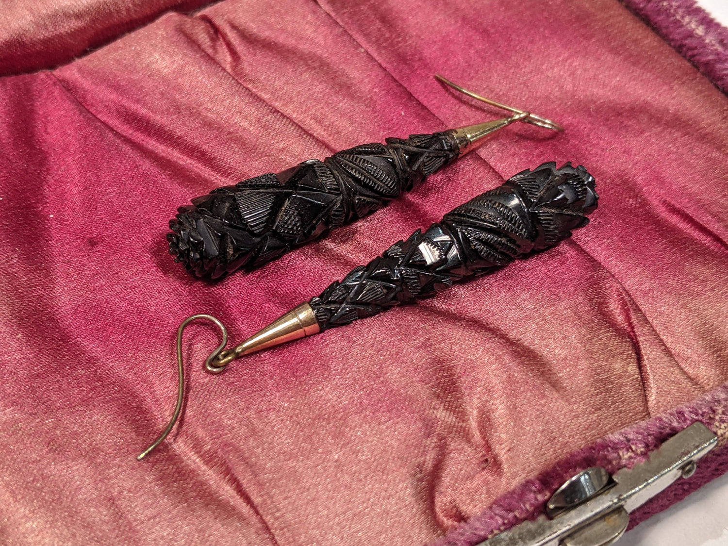 c. 1870s-1880s Carved Whitby Jet Earrings