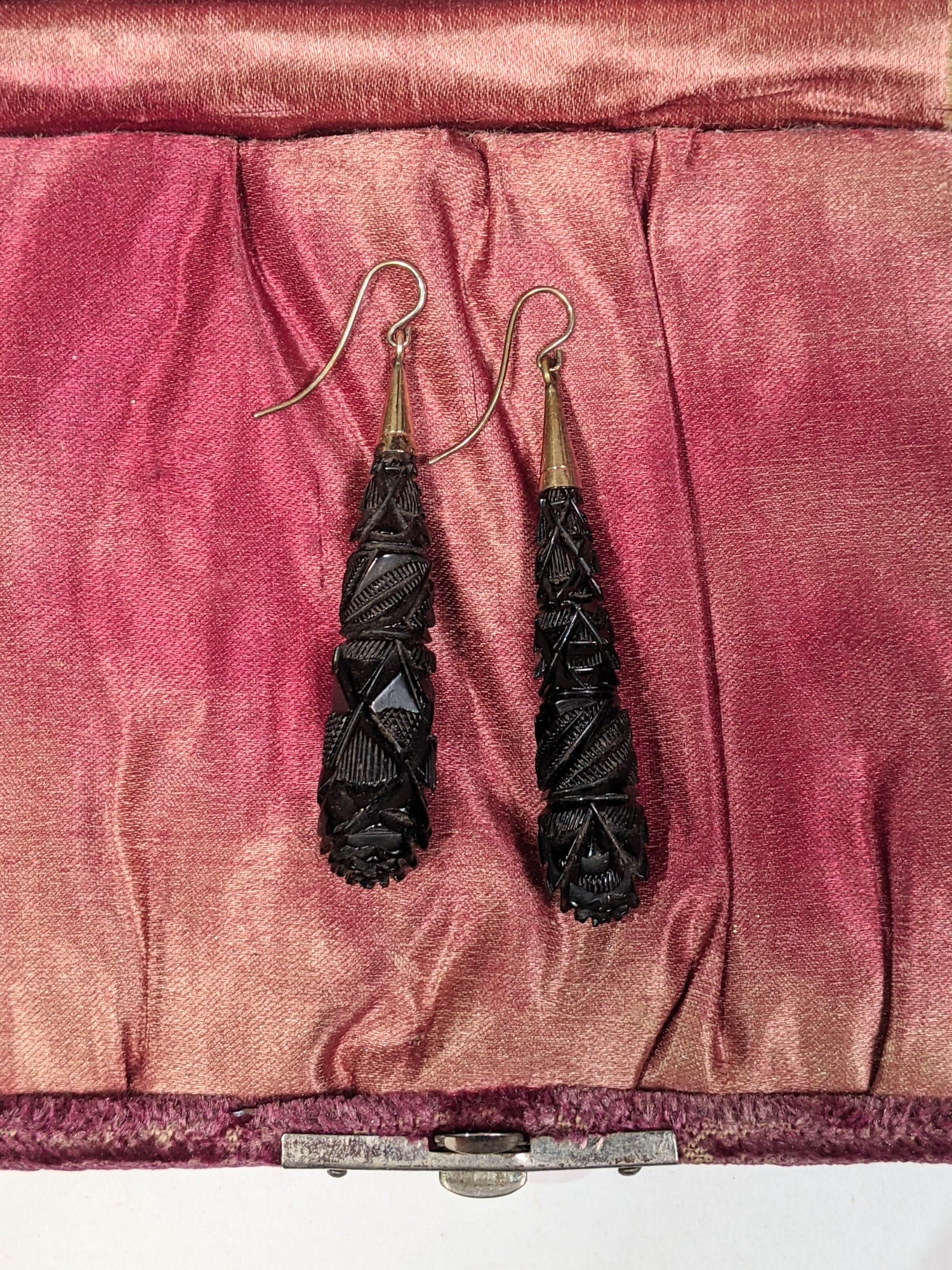 c. 1870s-1880s Carved Whitby Jet Earrings