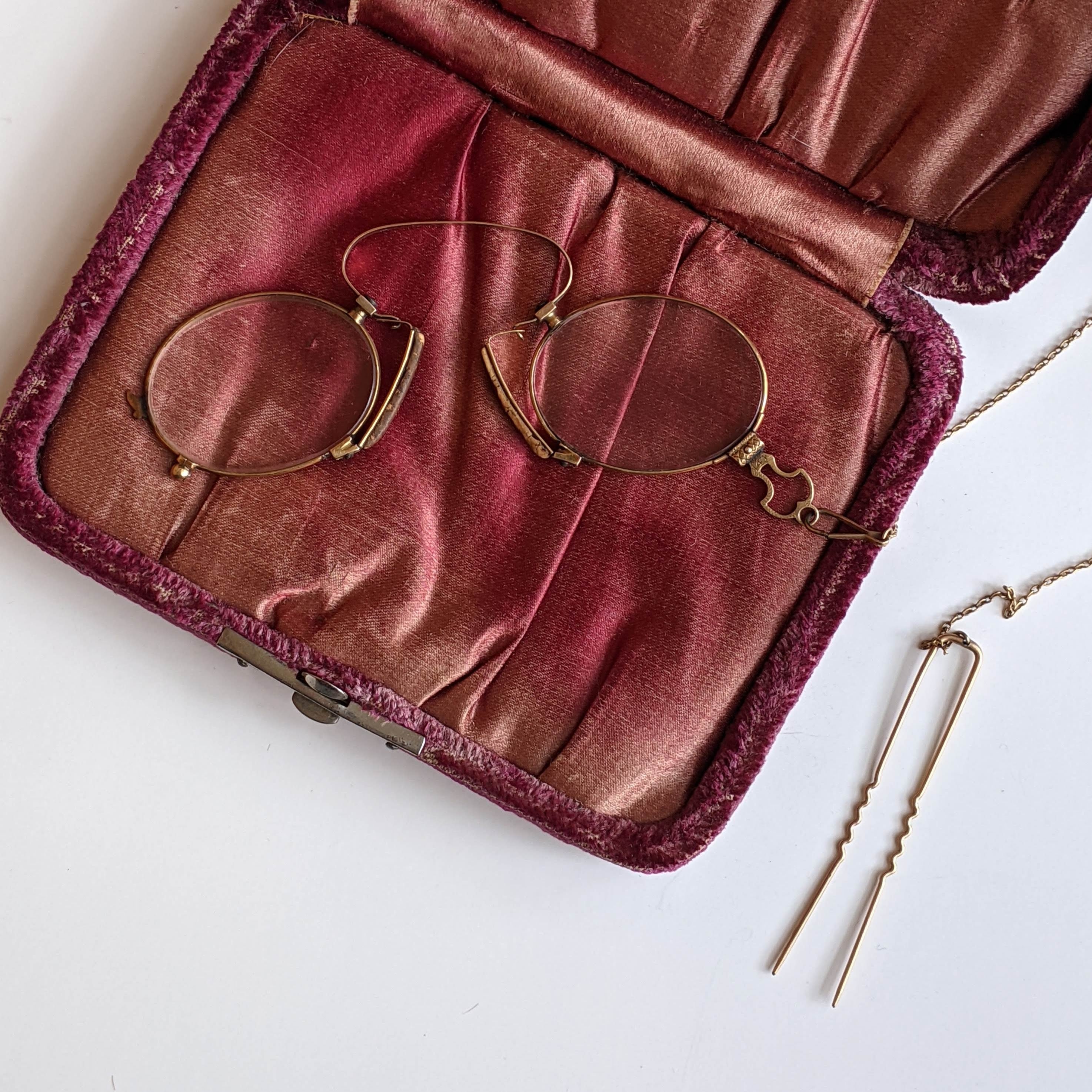 c. 1880s-1890s 14k Gold Pince Nez Glasses w/ Hair Pin