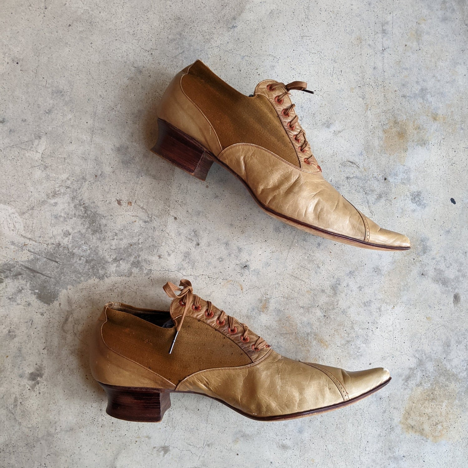 c. 1890s Tan Leather + Silk Oxfords