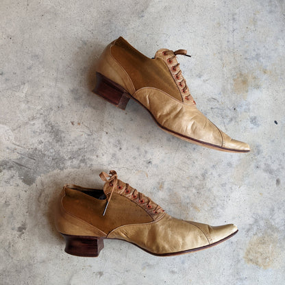 c. 1890s Tan Leather + Silk Oxfords