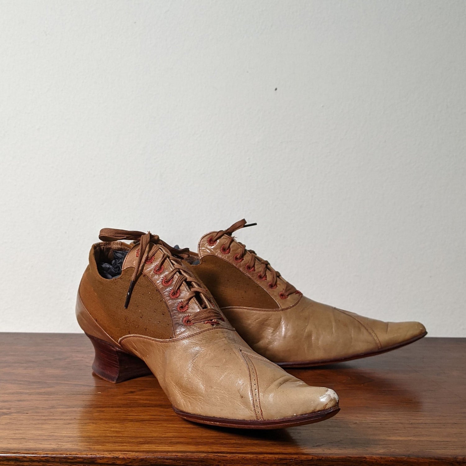 c. 1890s Tan Leather + Silk Oxfords