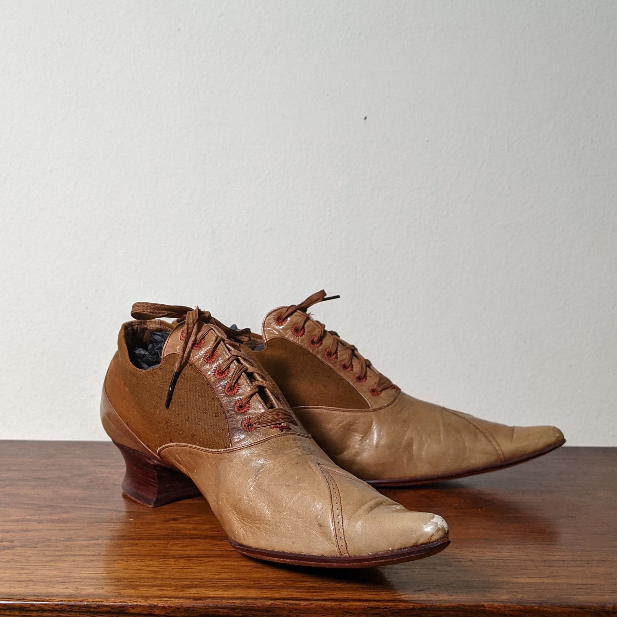 c. 1890s Tan Leather + Silk Oxfords