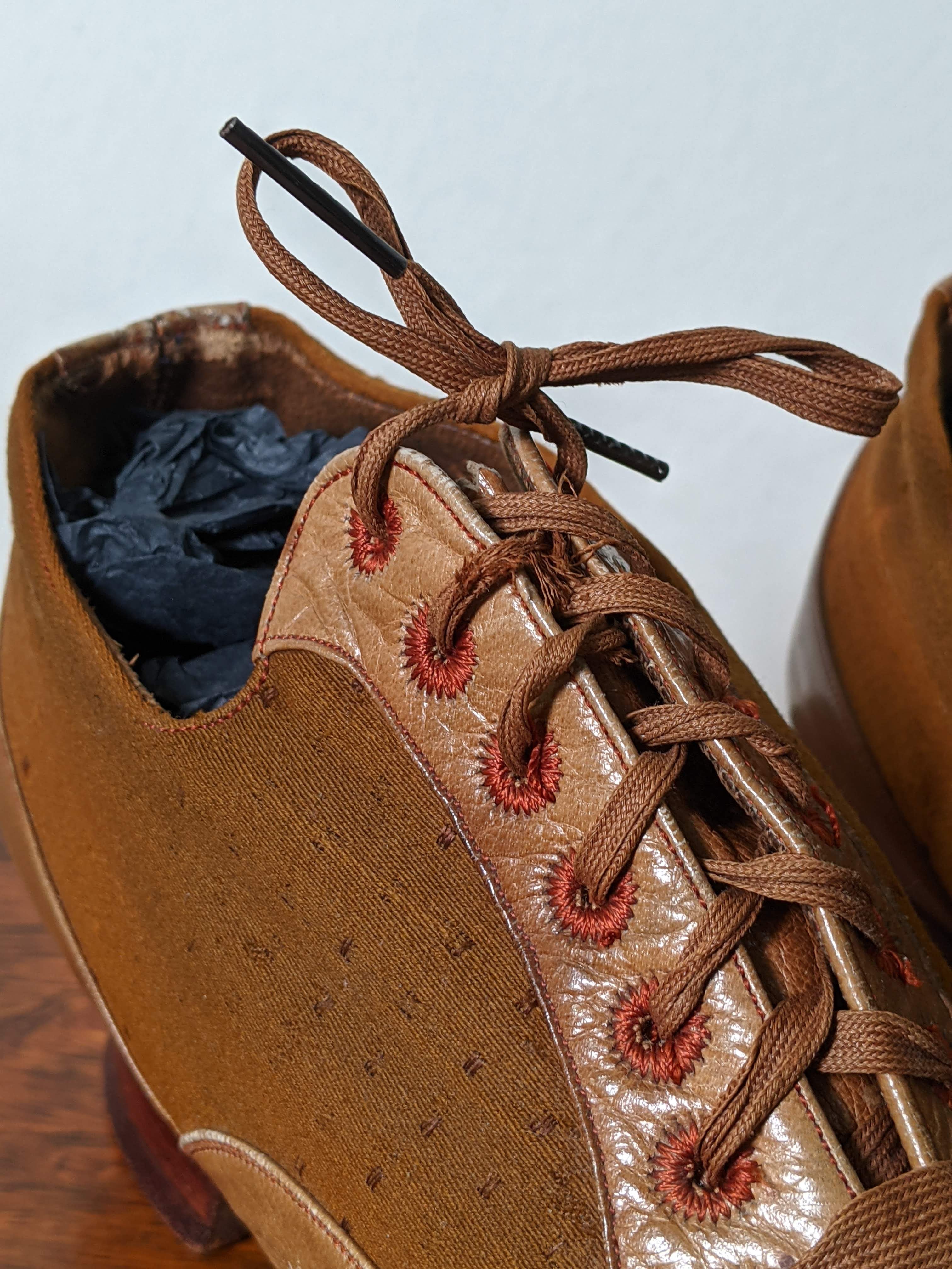 c. 1890s Tan Leather + Silk Oxfords