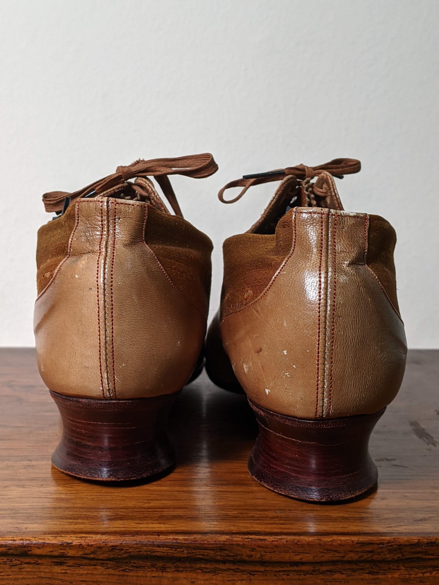 c. 1890s Tan Leather + Silk Oxfords