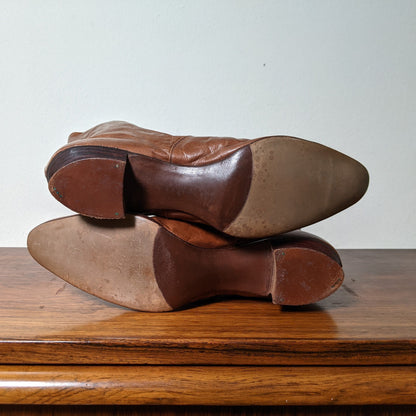 c. 1890s-1900s Tan Leather + Silk Boots