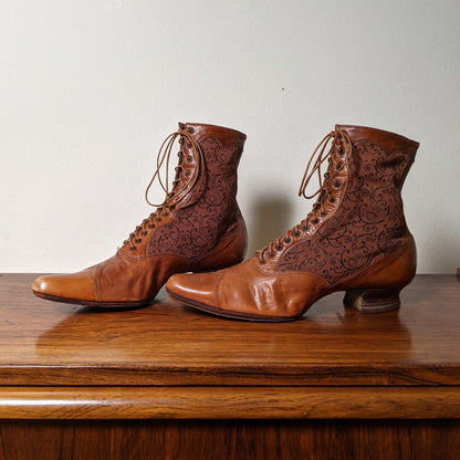 c. 1890s Tan Leather + Silk Boots
