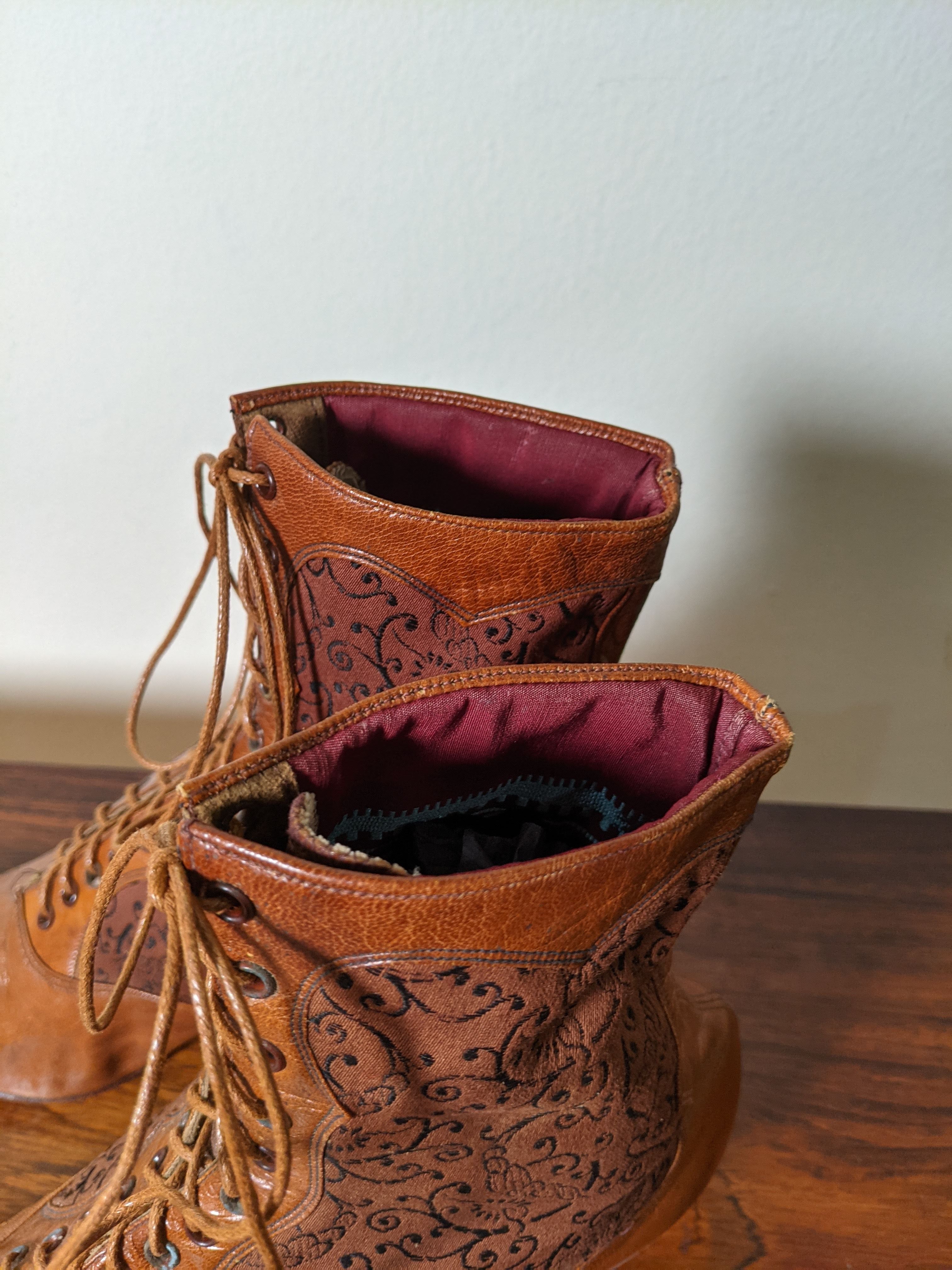 c. 1890s Tan Leather + Silk Boots