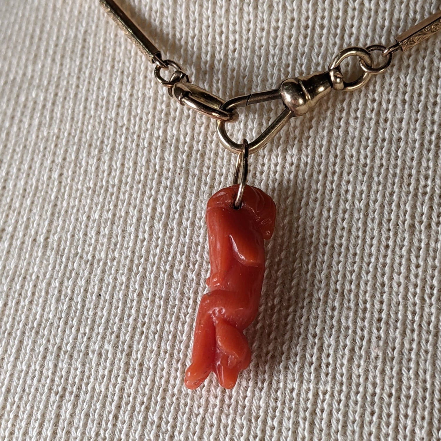 19th c. Carved Coral 14k Gold Dog Charm