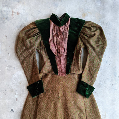 1890s Green Wool + Silk Dress