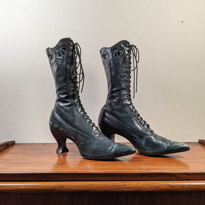 c. 1910-1920s Blue/Green Louis Heel Boots | Approx Sz 6-6.5