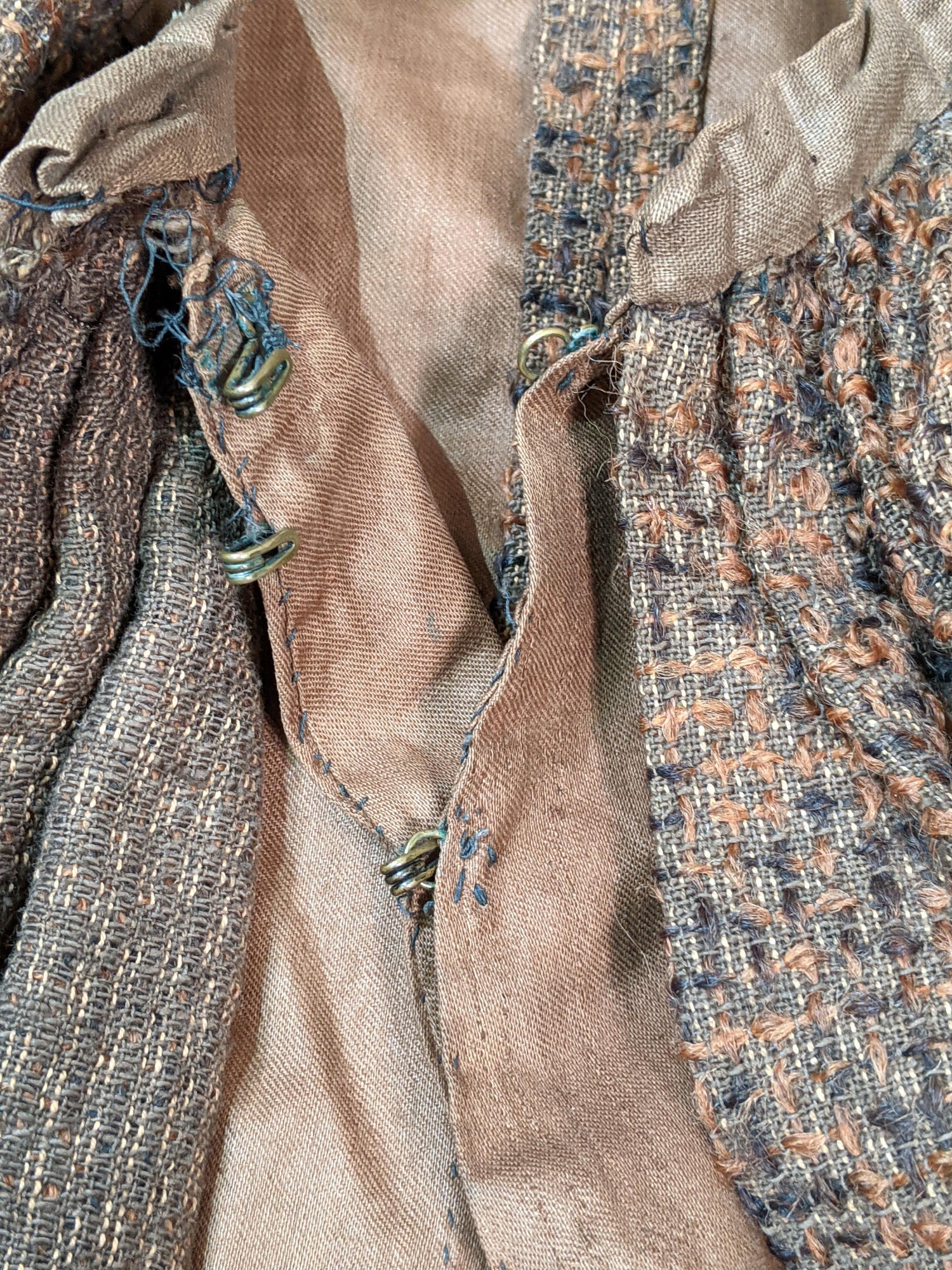 c. 1890s Gorgeous Green + Brown Woven Cotton + Wool Dress