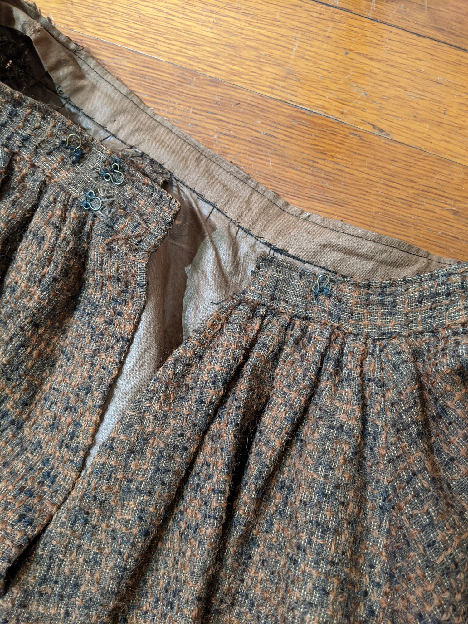c. 1890s Gorgeous Green + Brown Woven Cotton + Wool Dress