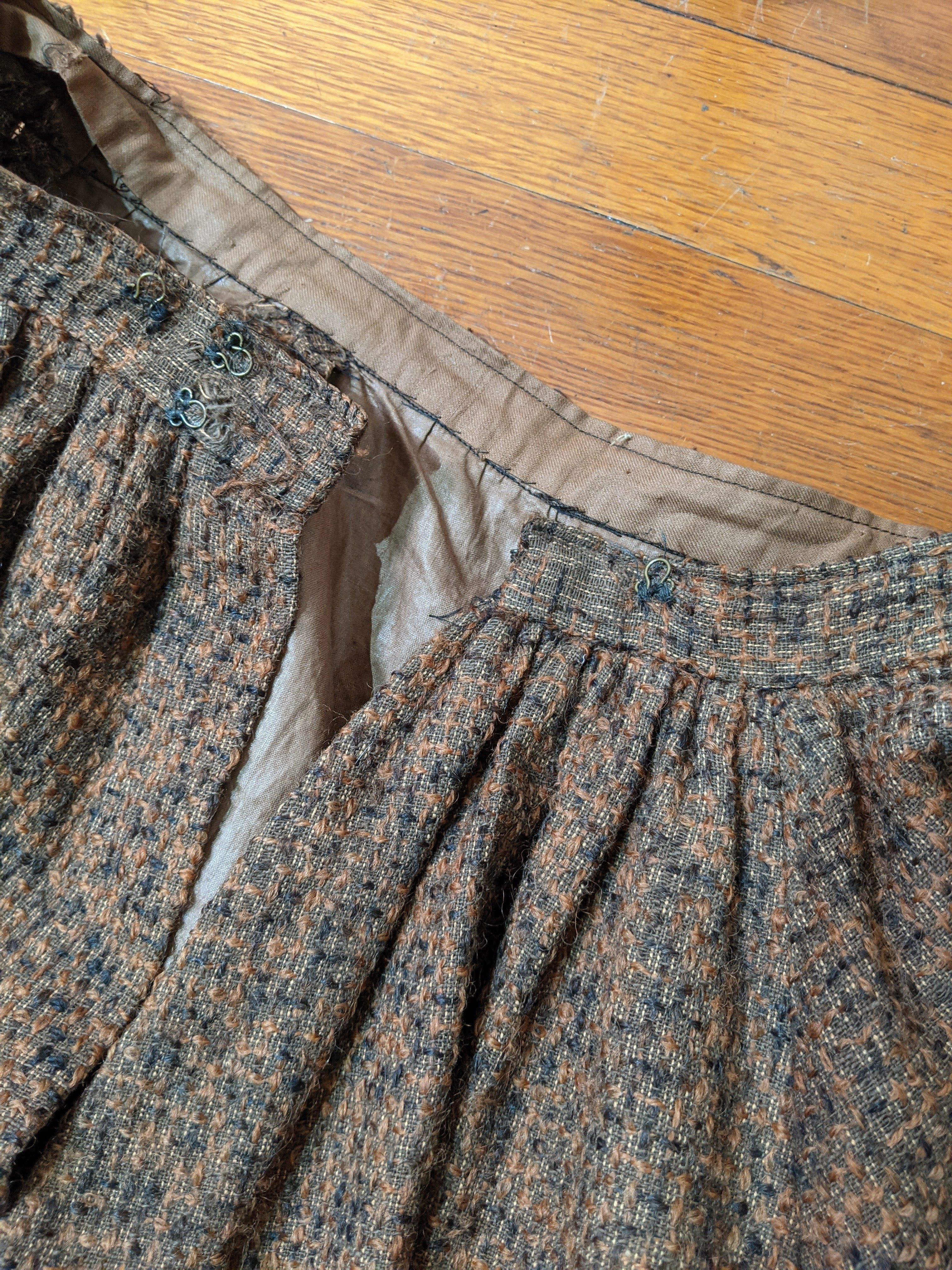 c. 1890s Gorgeous Green + Brown Woven Cotton + Wool Dress