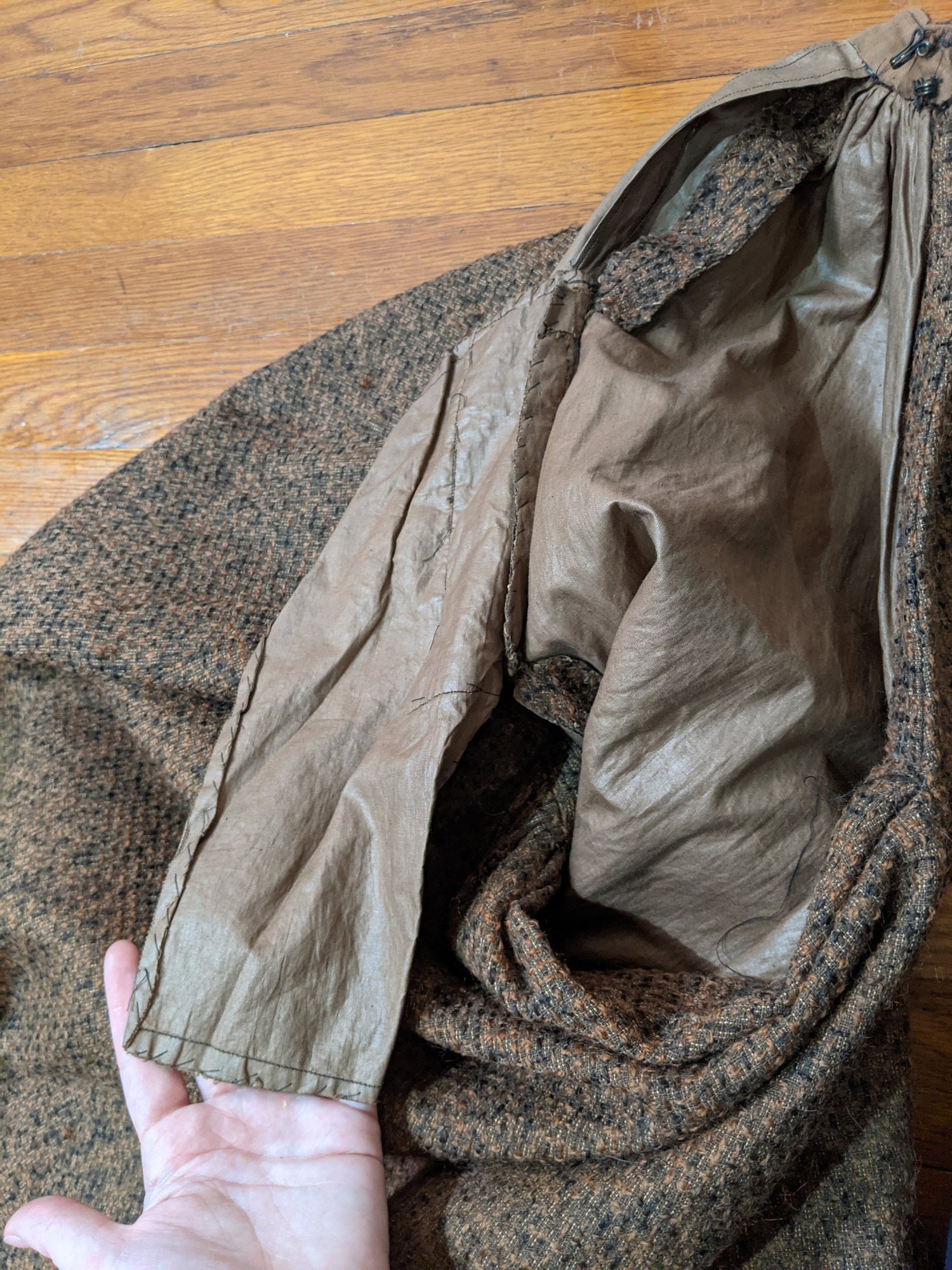 c. 1890s Gorgeous Green + Brown Woven Cotton + Wool Dress