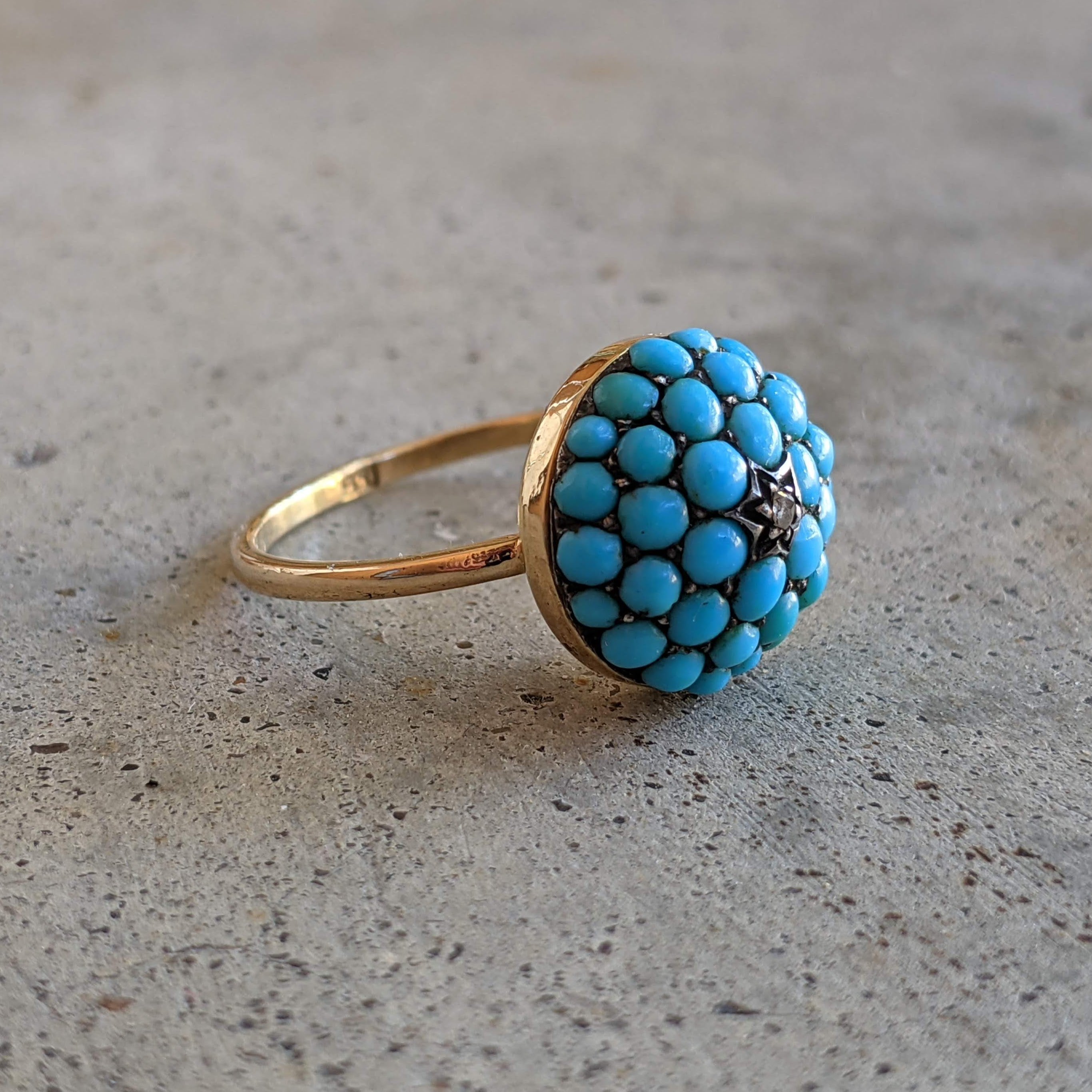 c. 1880s 15k Gold Turquoise + Diamond Bombe Ring