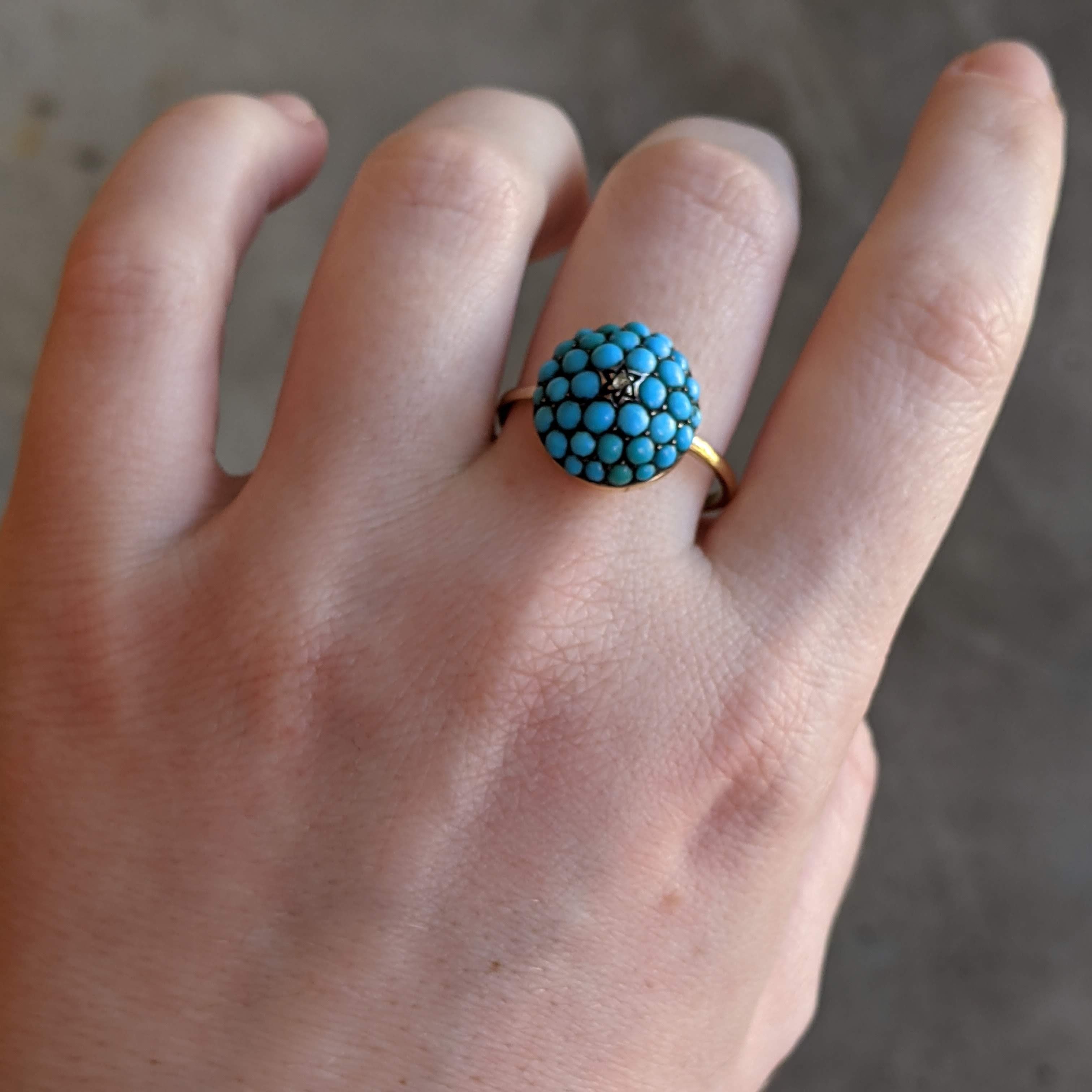 c. 1880s 15k Gold Turquoise + Diamond Bombe Ring