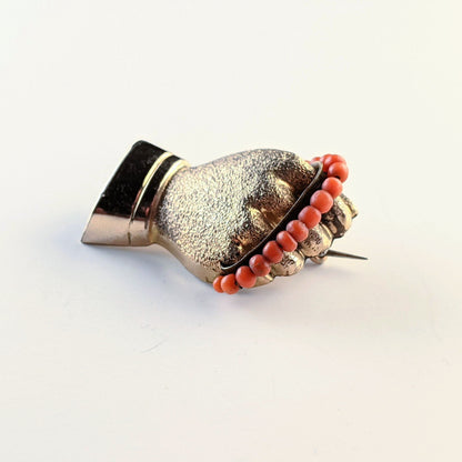 19th c. Gold Filled + Coral Bead Fist Brooch