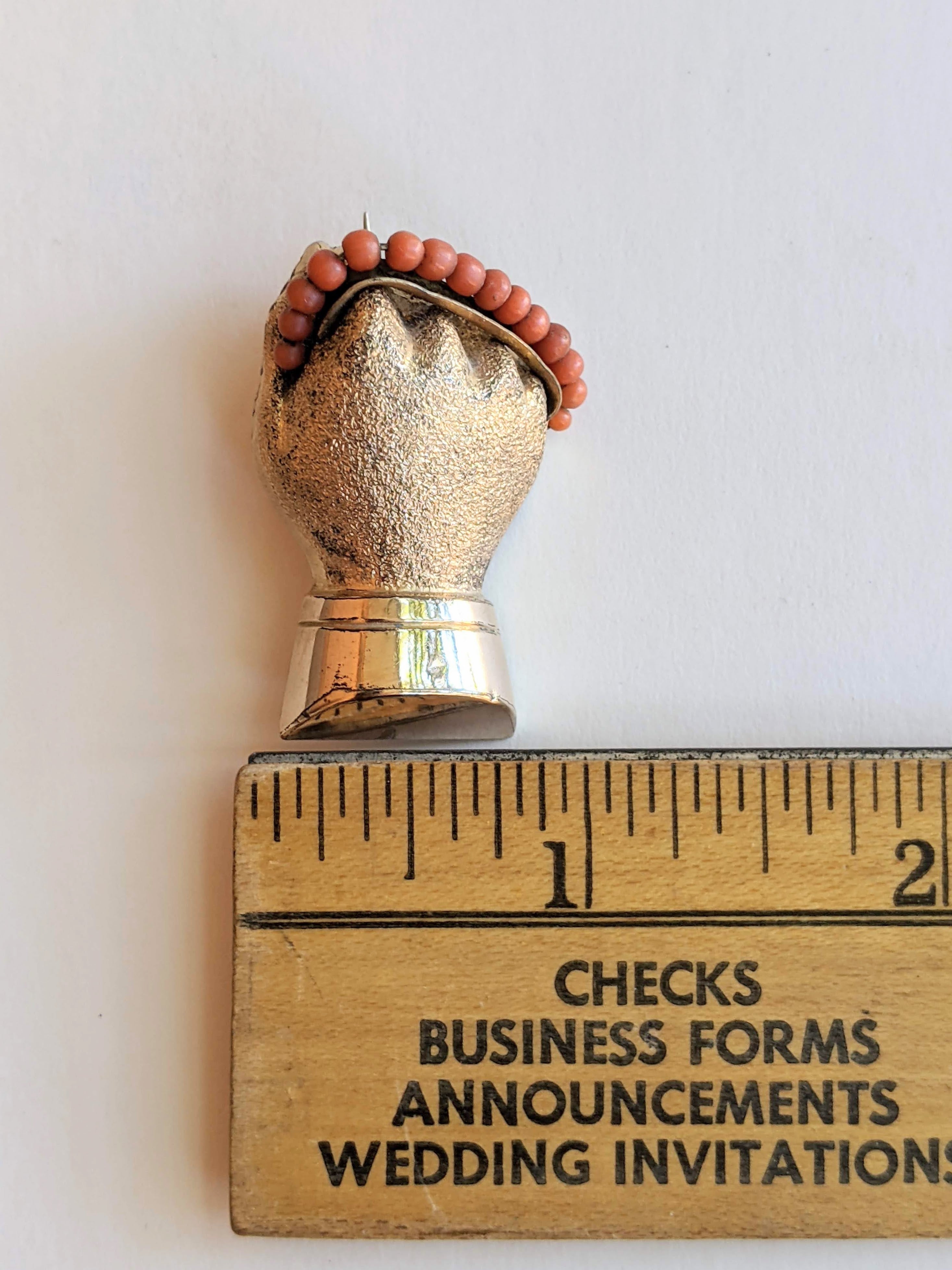 19th c. Gold Filled + Coral Bead Fist Brooch