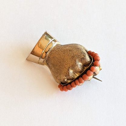 19th c. Gold Filled + Coral Bead Fist Brooch