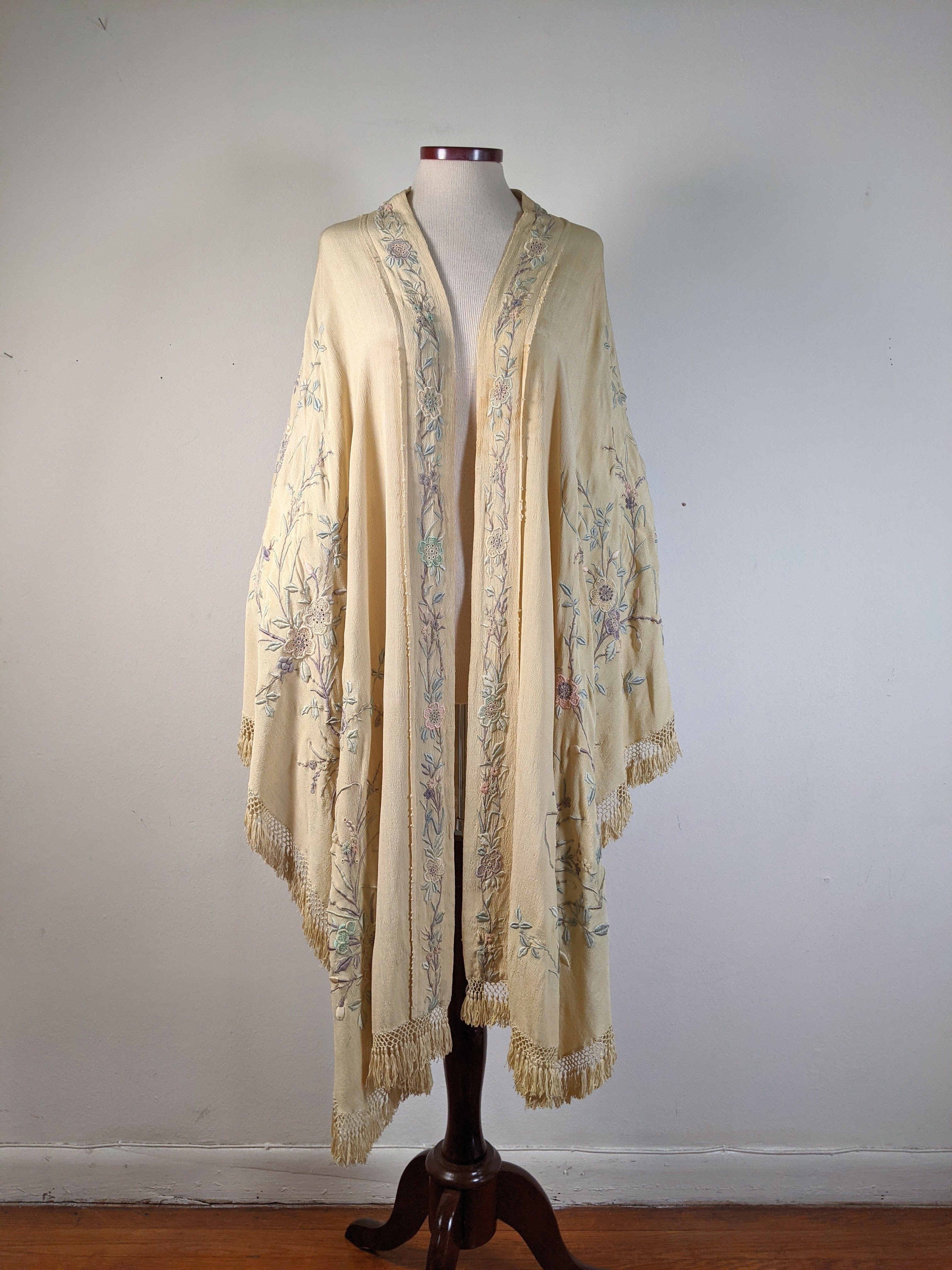 c. 1900s-1910s Pastel Silk Shawl Wrap