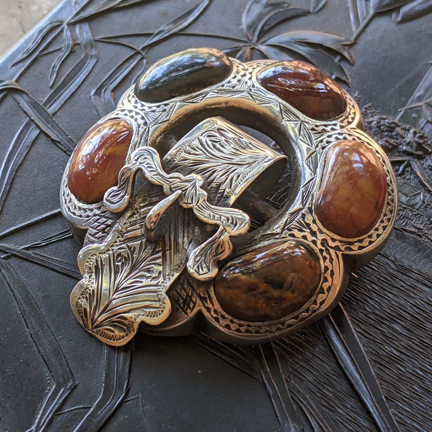 Sterling Silver Victorian Scottish Agate Buckle Brooch