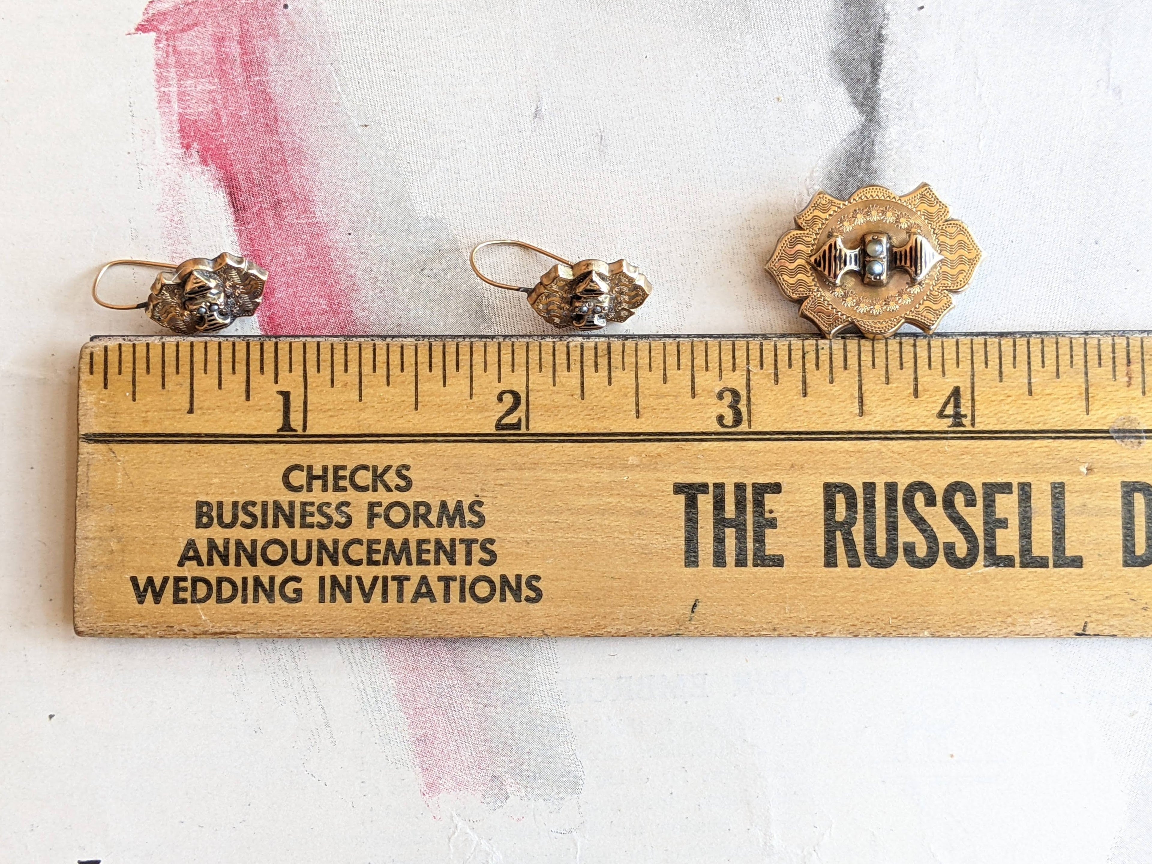 c. 1880s 9k Gold Demi Parure Earrings + Brooch