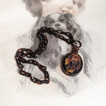 19th c. Tortoise Shell Locket + Chain