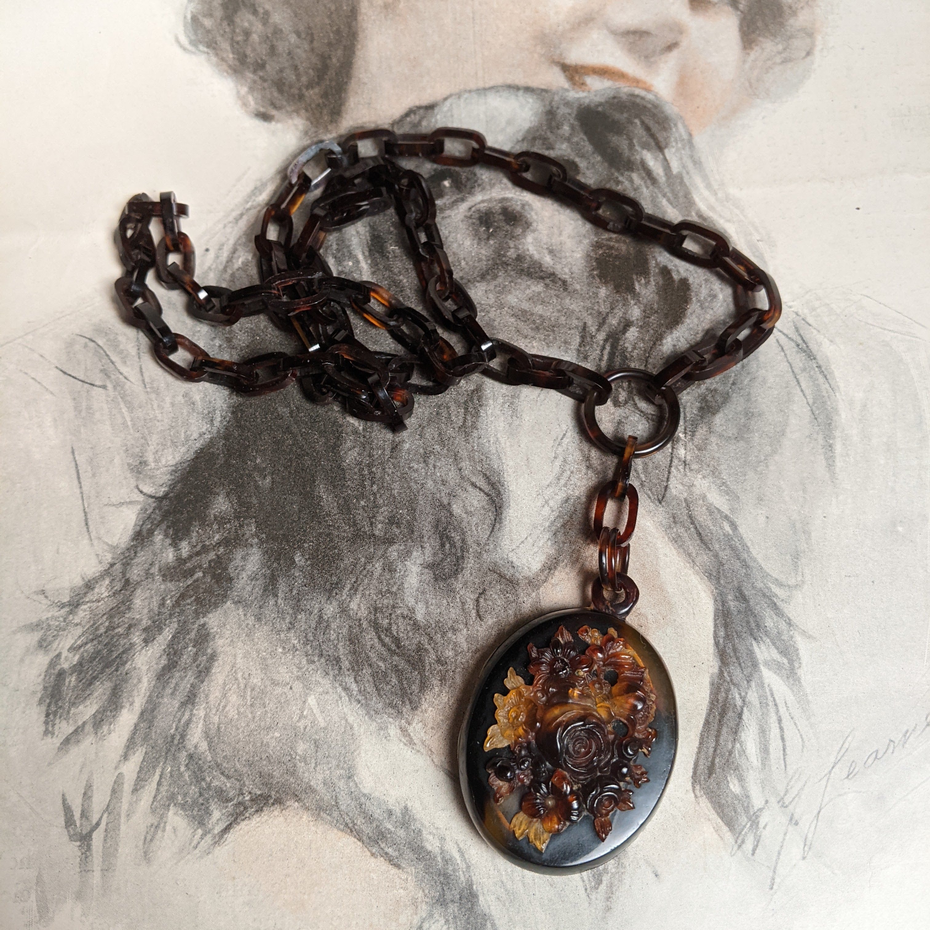 19th c. Tortoise Shell Locket + Chain