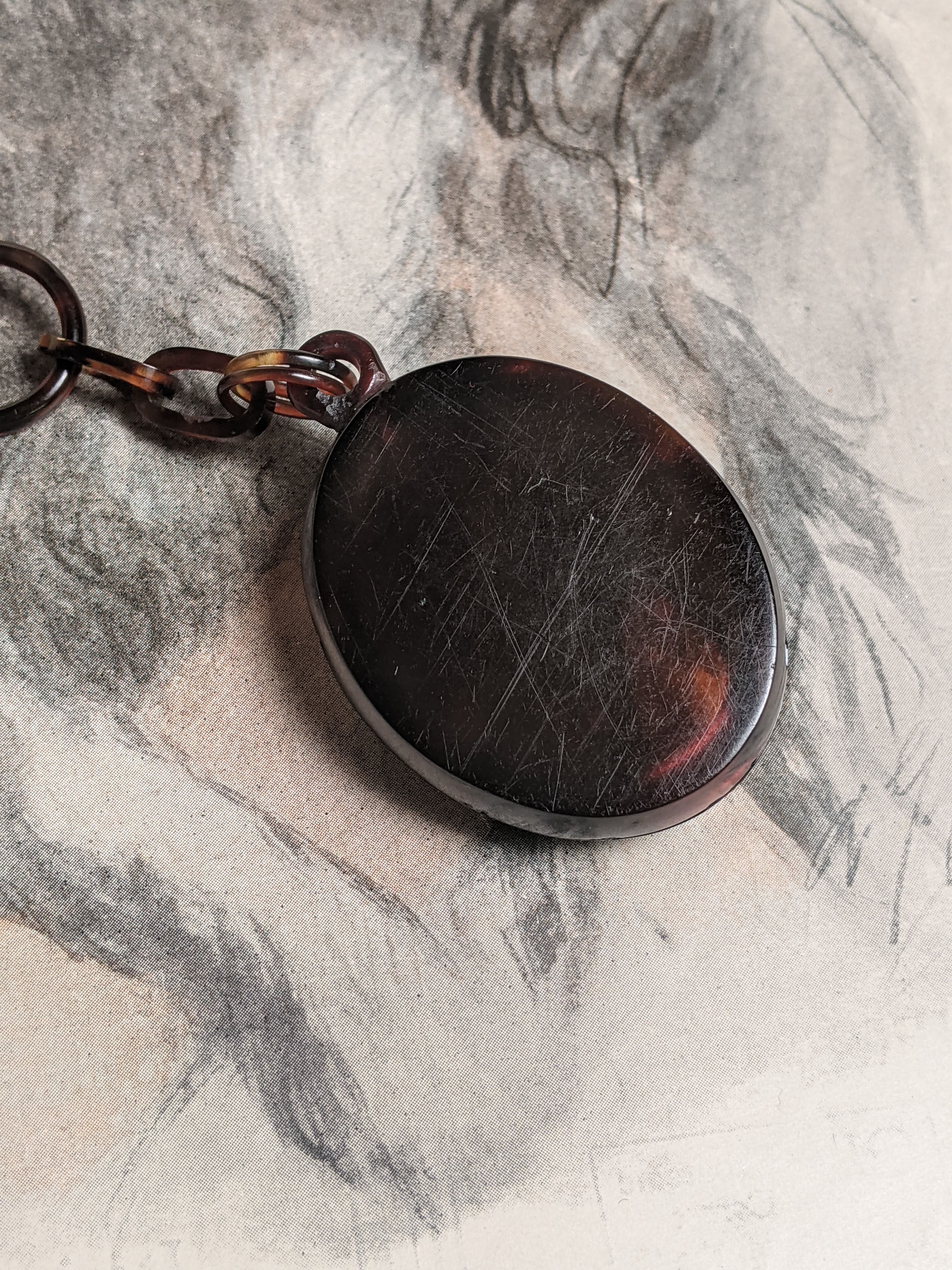 19th c. Tortoise Shell Locket + Chain
