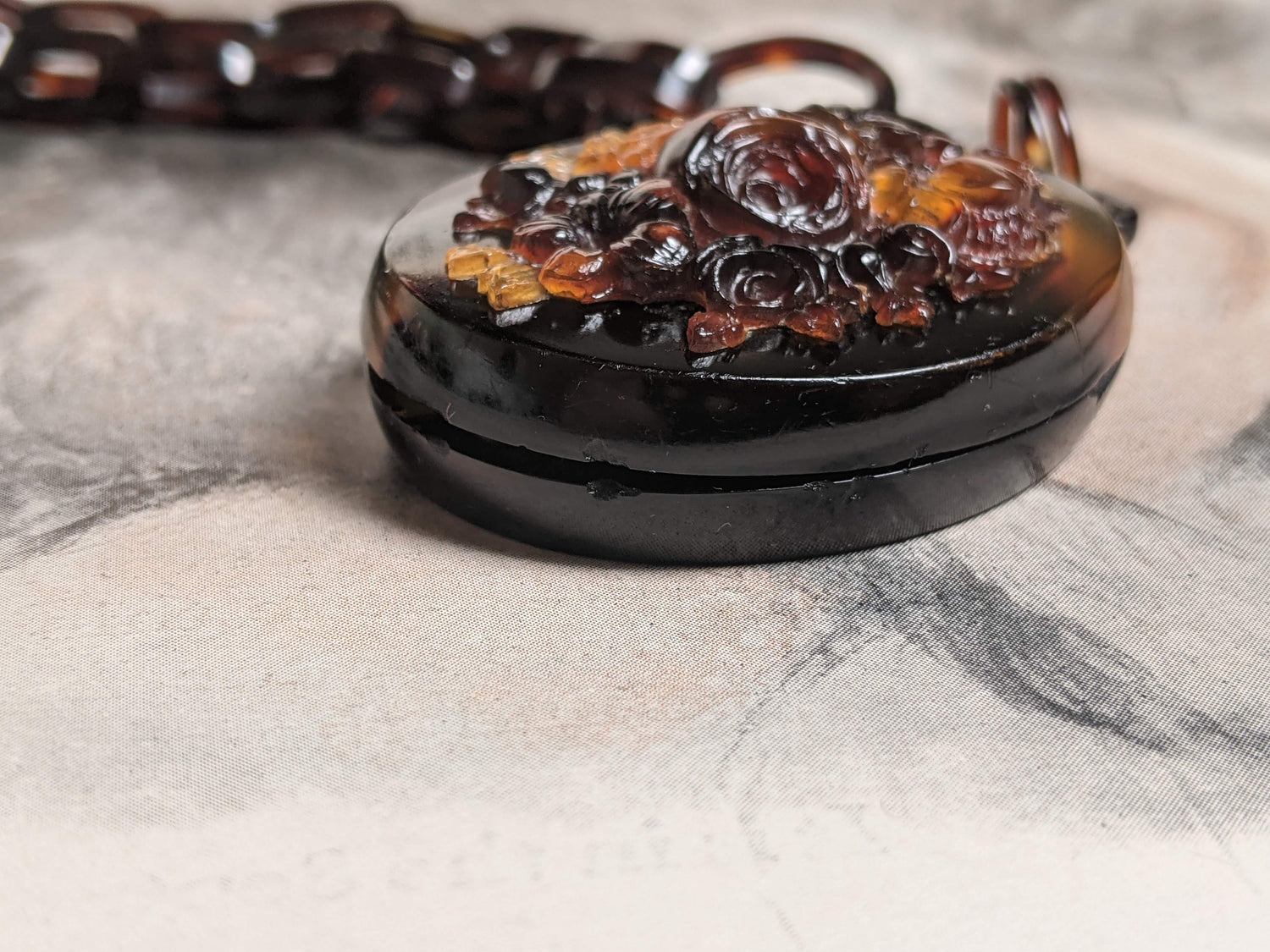 19th c. Tortoise Shell Locket + Chain