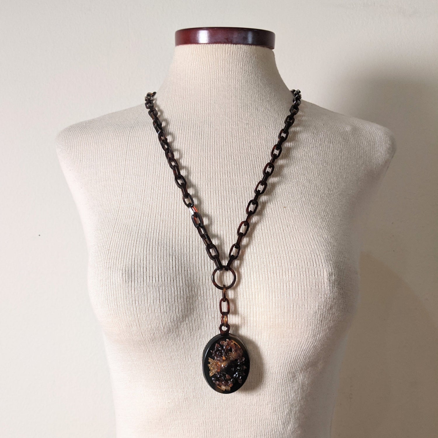 19th c. Tortoise Shell Locket + Chain