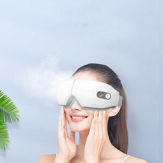 Air Pressure Eye Massager with vibration, hot compress, and Bluetooth features in sleek PU skin design
