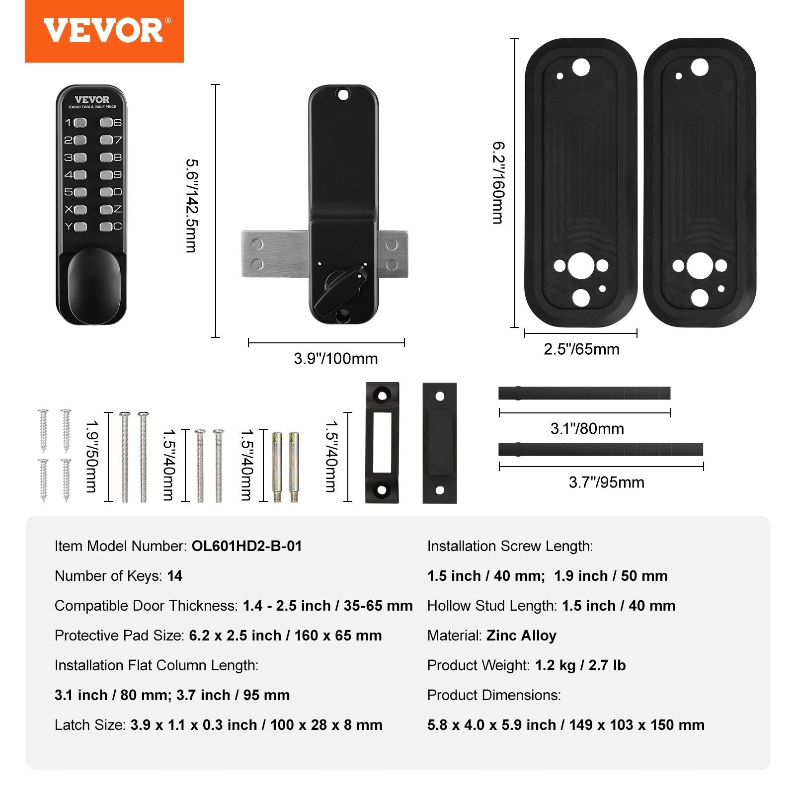 VEVOR Mechanical Keyless  14 Digit Keypad Entry Door Lock