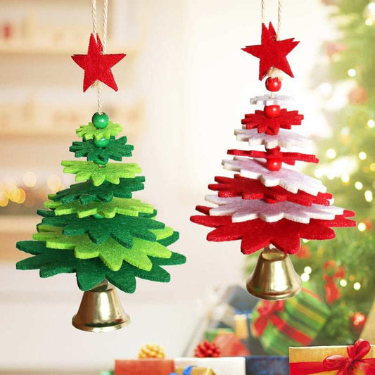 Red and green Christmas tree bell pendant decorations made of non-woven fabric for festive holidays