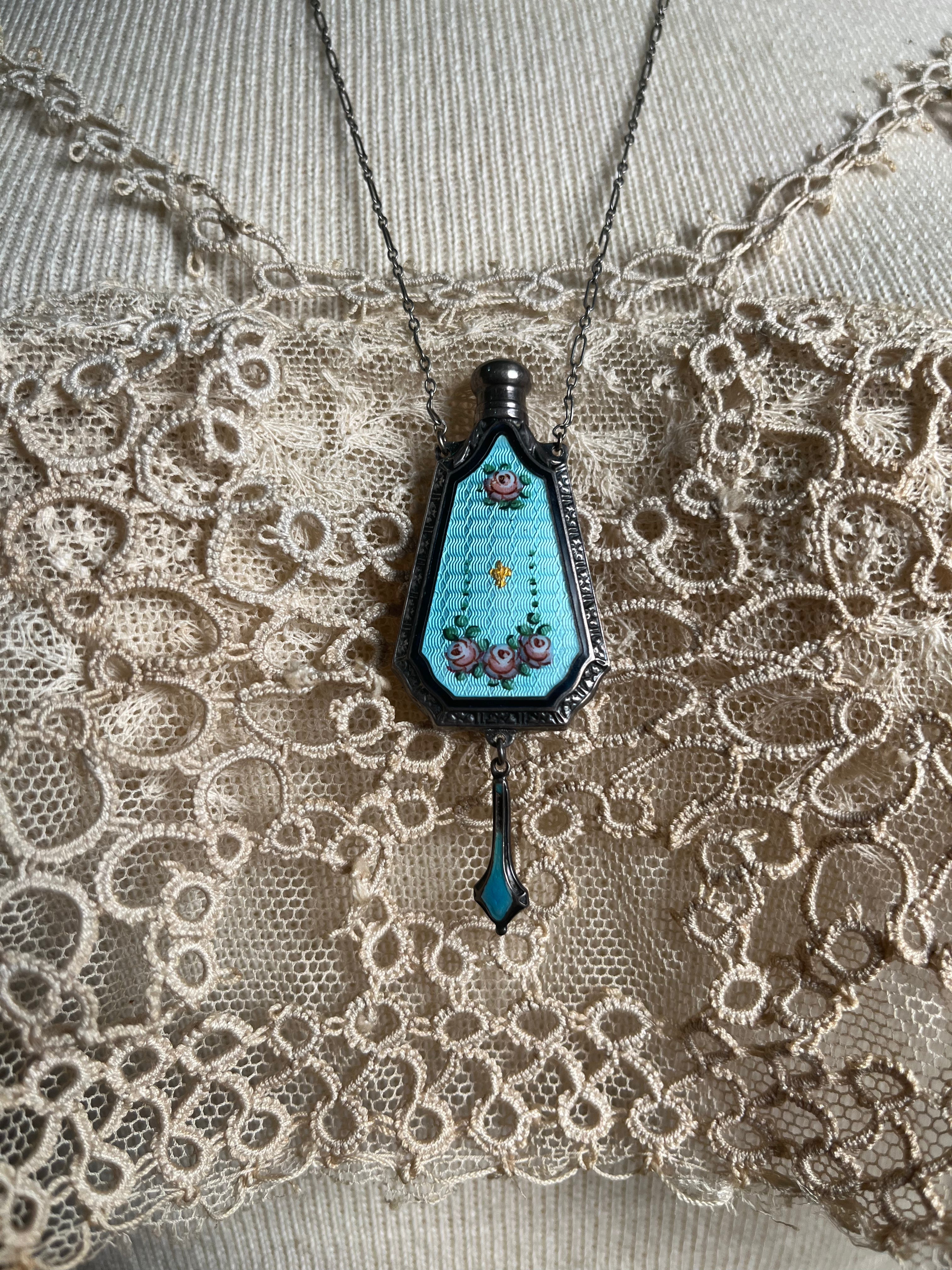 Art Deco Sterling Silver Guilloche Enamel Perfume Bottle Necklace