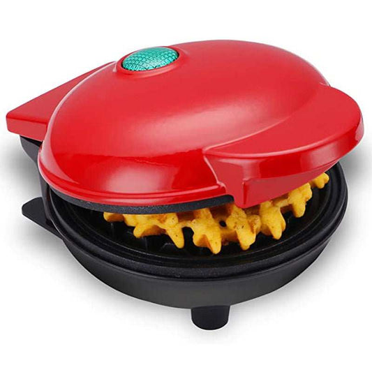 Compact mini electric waffle maker with 350W power in a colorful box packaging