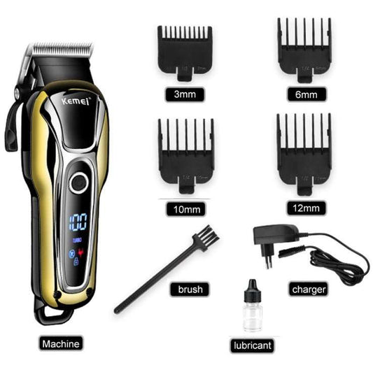 Professional hair clipper rechargeable trimmer with lithium-ion battery and multiple accessories