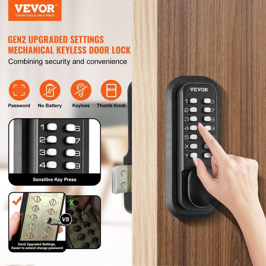 VEVOR Mechanical Keyless 14 digit keypad door lock installed on wooden door