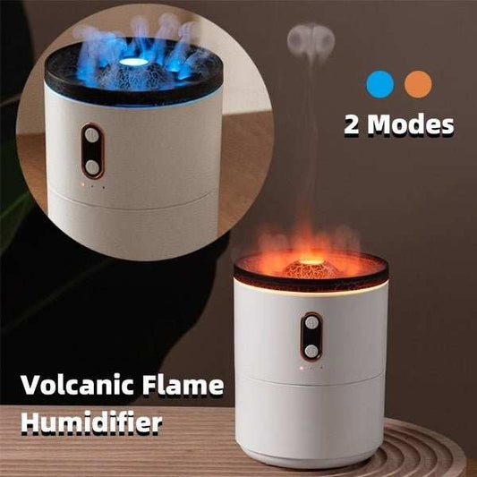 Volcanic Flame Aroma essential oil diffuser emitting warm light with USB power and dual fog outlets